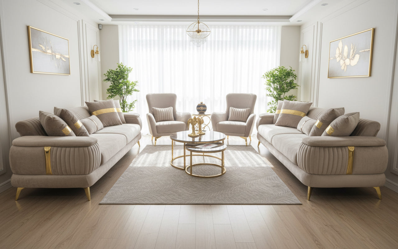 Fez Royal Velvet Sofa Bed Set 3&3&1&1(Grey/Silver or Pearl/Gold)