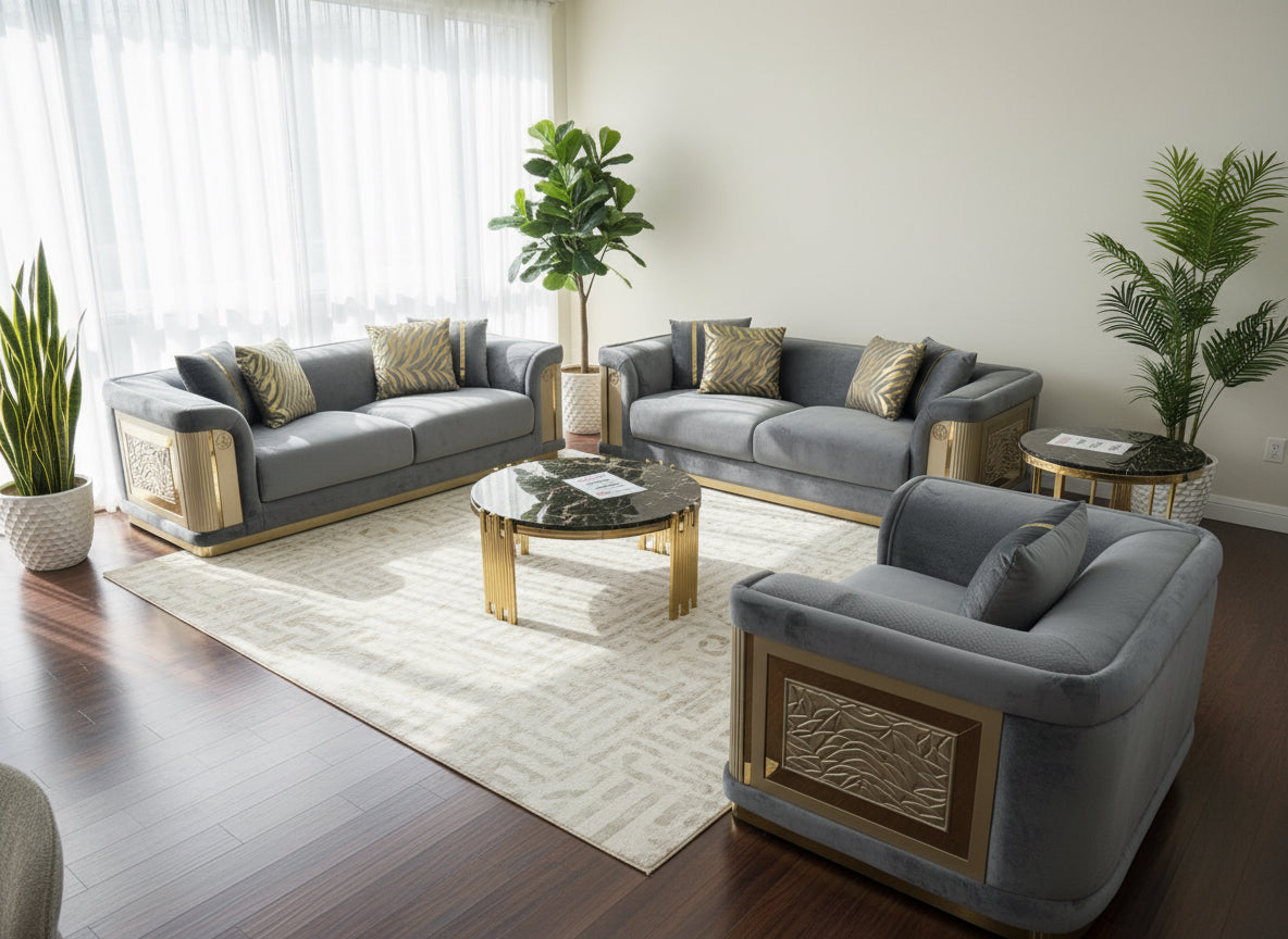 VIENNA Paradise Sofa Set 3&2&1 (GREY VELVET & FABRIC)