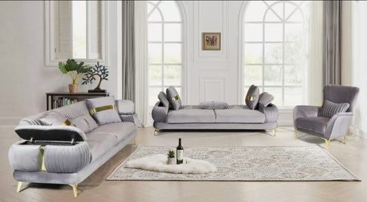 Fez Royal Velvet Sofa Bed Set 3&3&1&1(Grey/Silver or Pearl/Gold)
